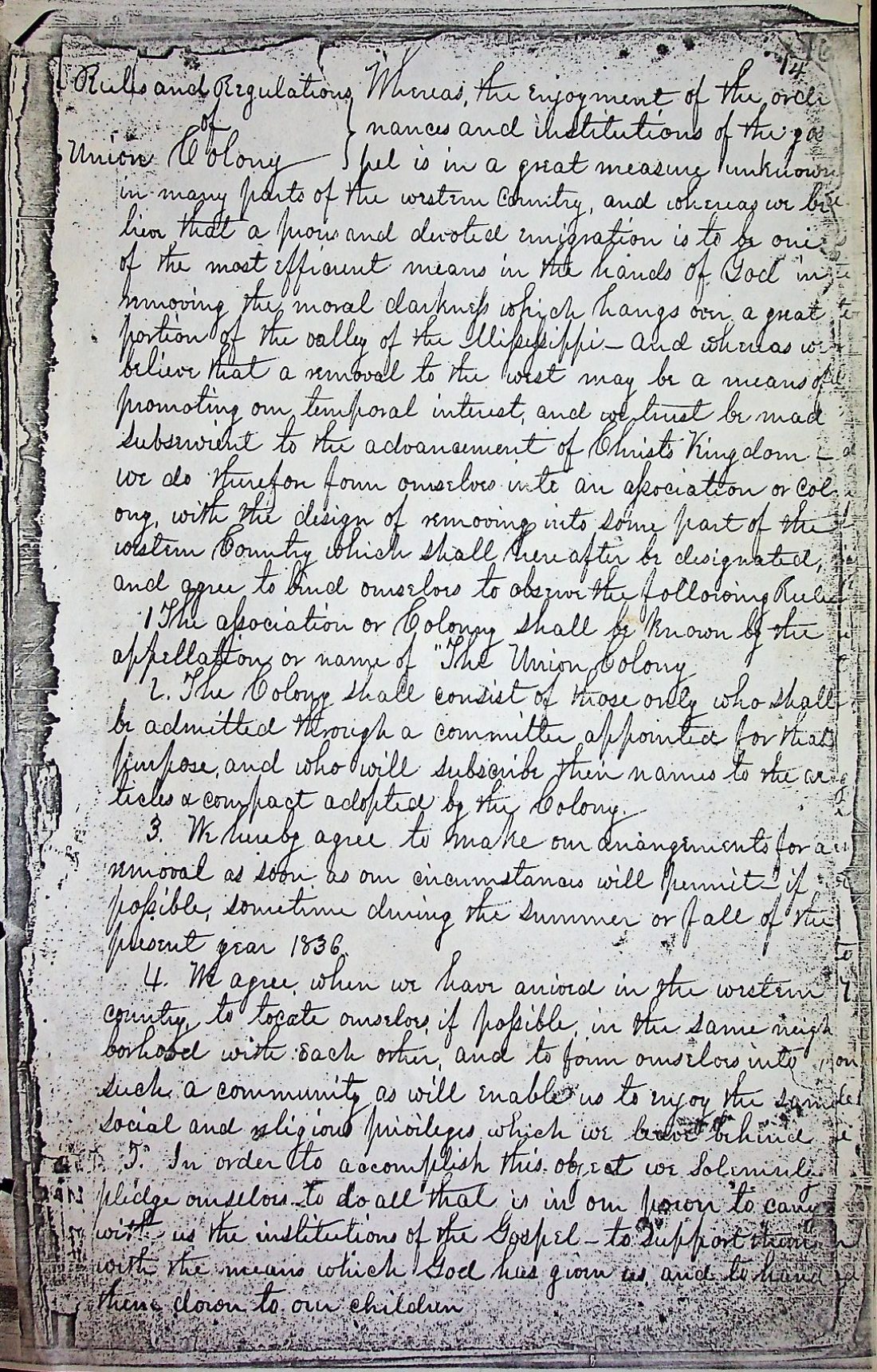 Union Colony bylaws 1836 recorded 1838 1
